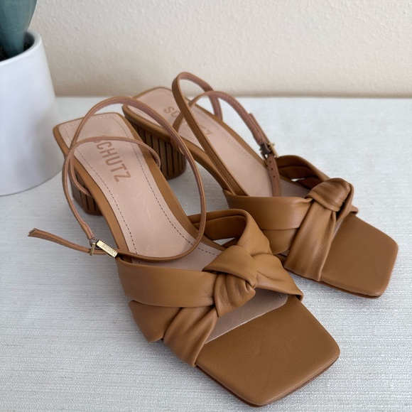 New Schutz Mindy Caramel Leather Knot Ankle Strap Bamboo Heel Sandals Women’s 6B - Picture 6 of 15